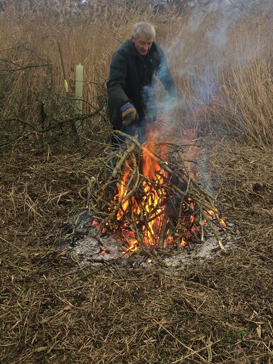 Norfolk Conservation Corps chairman tending brash fire, Hillside House 2019-01-13 (0935) (c) Nigel Smith Norfolk Conservation Corps chairman tending brash fire, Hillside House 2019-01-13 (0935) (c) Nigel Smith