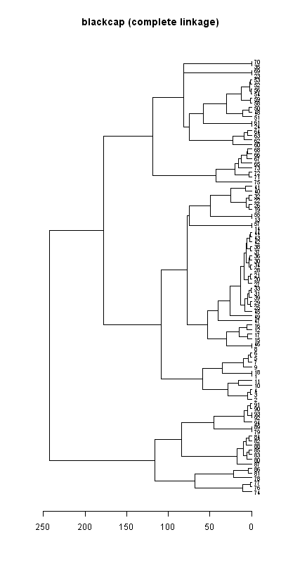 Blackcap records dendrogram (complete linkage), Hillside House 2020