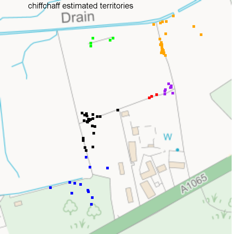 Chiffchaff records classified into territories, Hillside House 2020