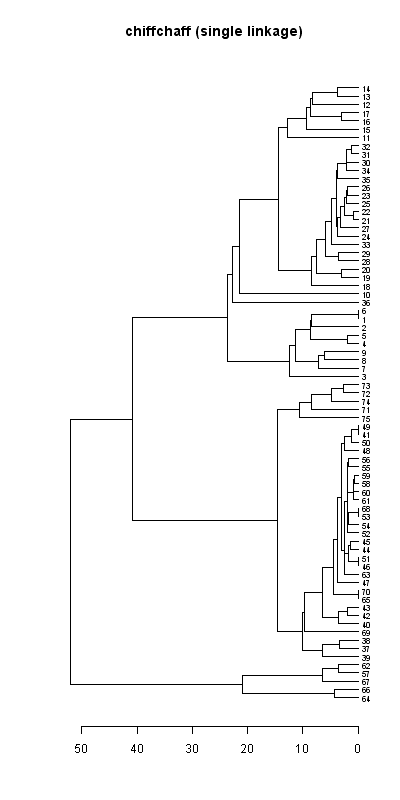 Chiffchaff records dendrogram (single linkage), Hillside House 2020