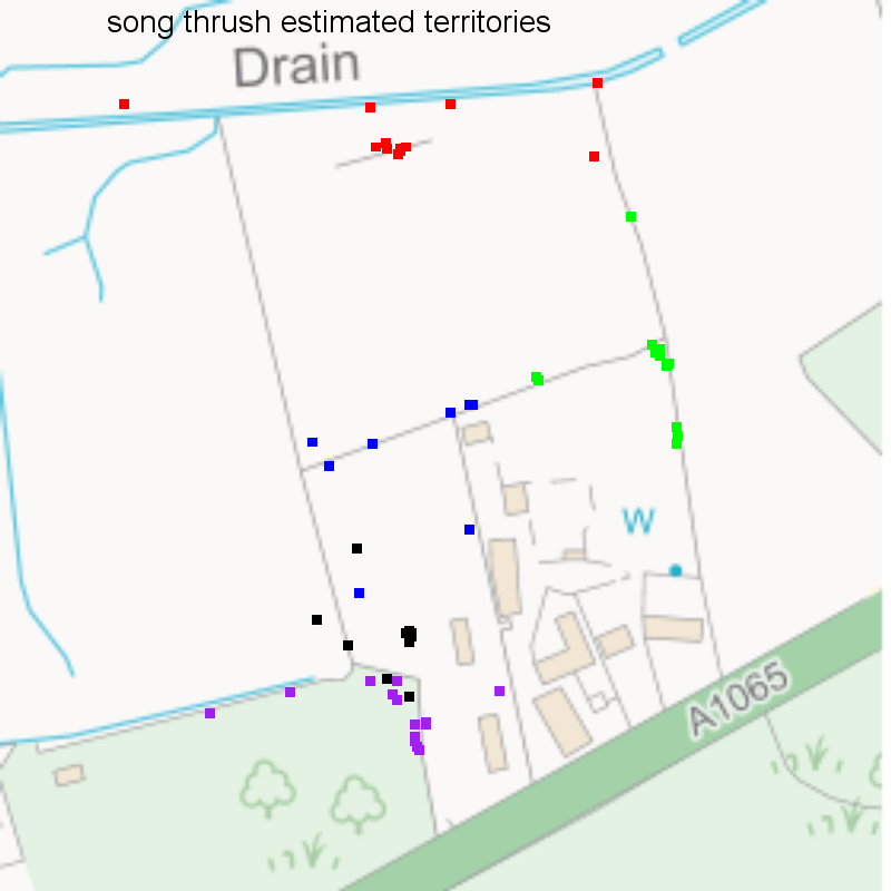 Song thrush records classified into territories, Hillside House 2020